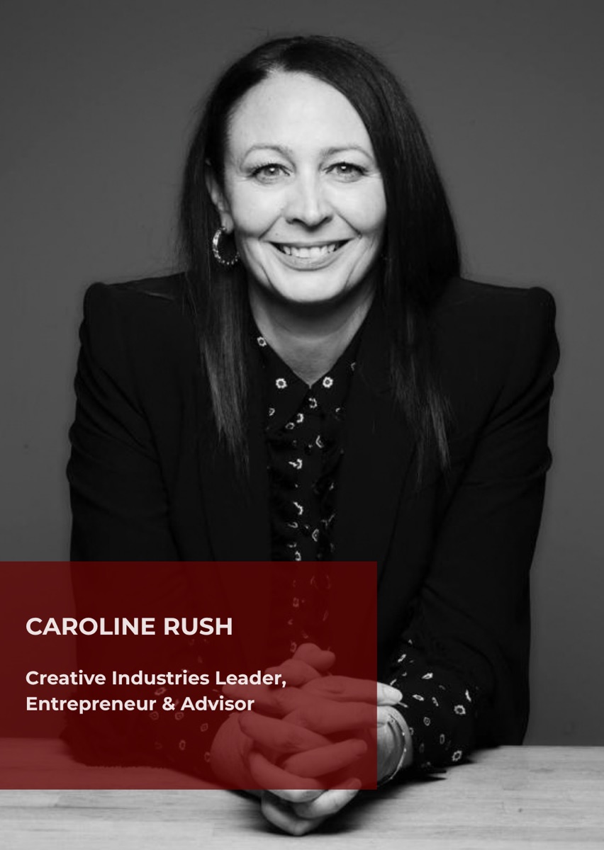 Caroline Rush, creative industries leader, photographed in black and white at a table.