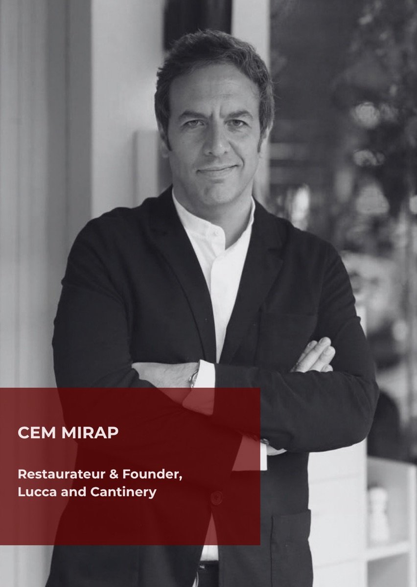 Cem Mirap, restaurateur, photographed in black and white with arms folded outside a restaurant.