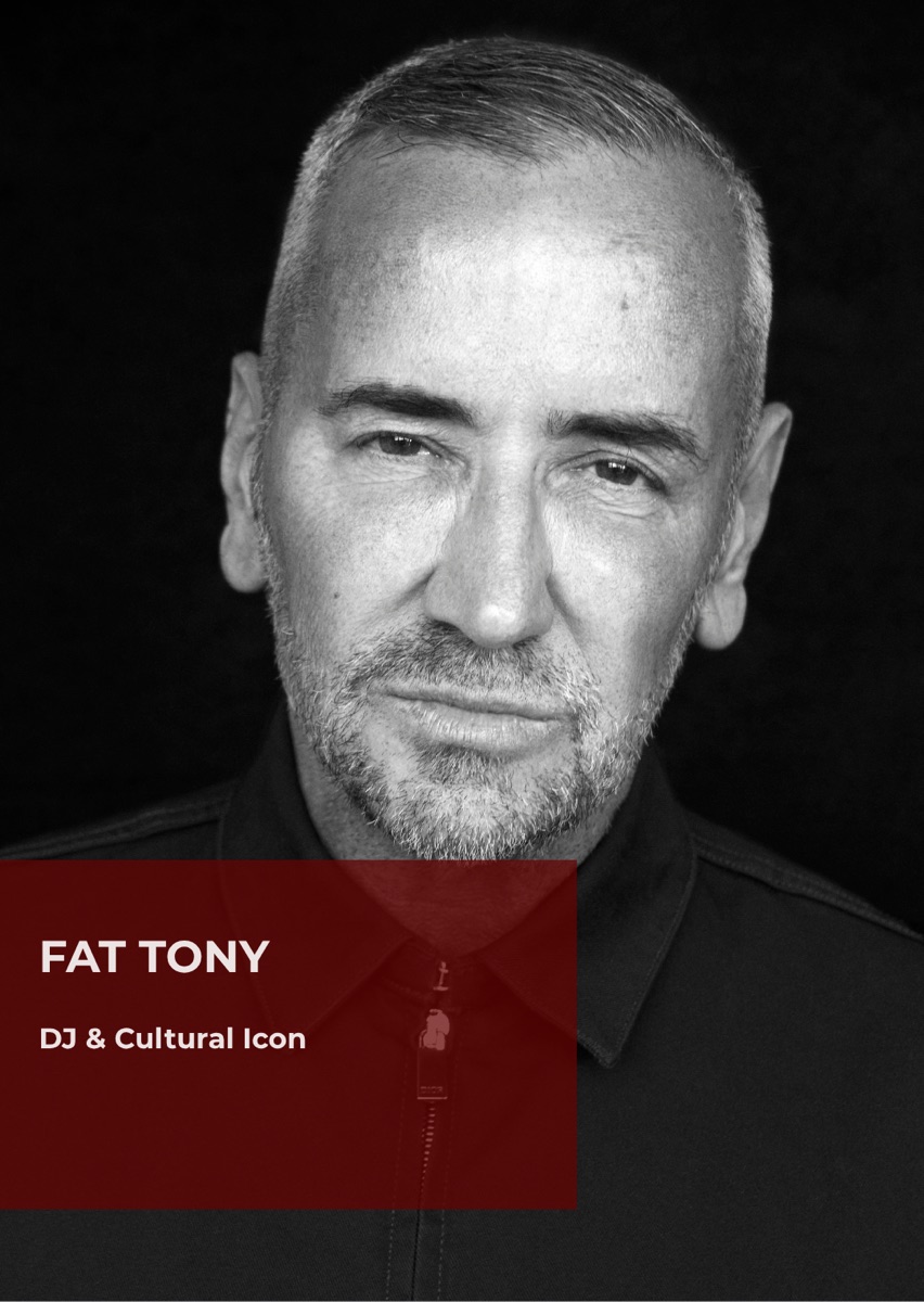 Fat Tony, DJ, photographed in black and white against a dark background.