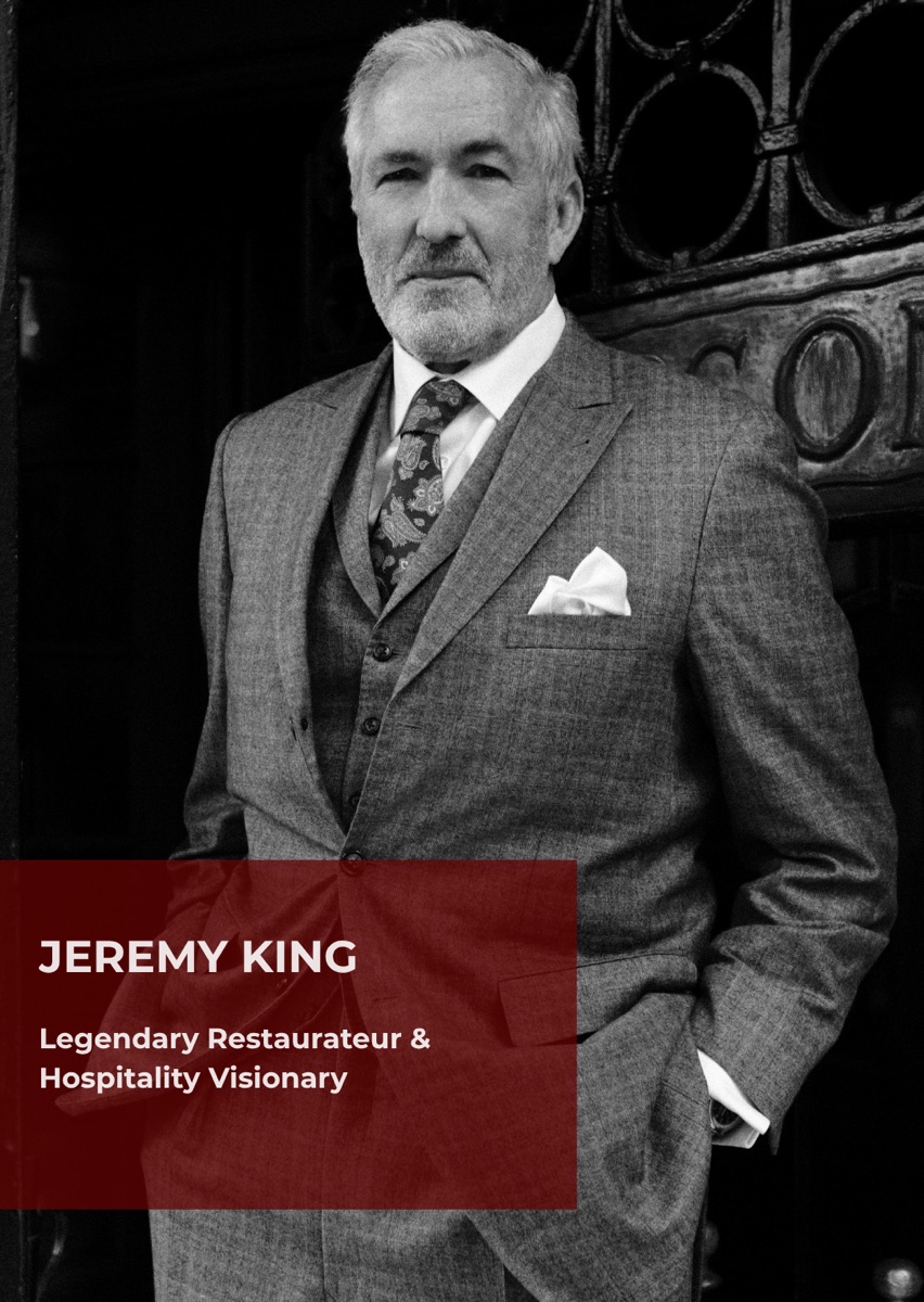 Jeremy King, restaurateur, photographed in black and white outside a restaurant.