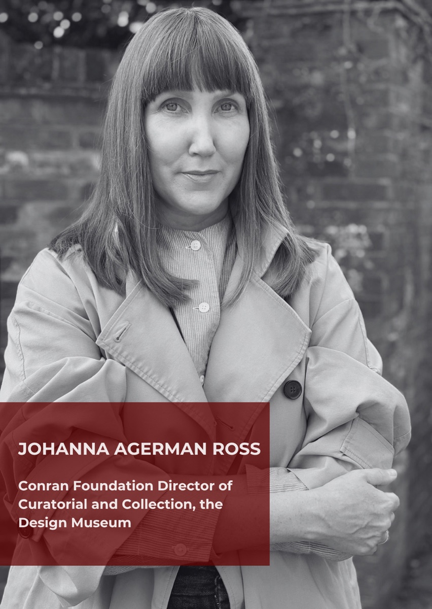 Johanna Agerman Ross, curator and editor, photographed in black and white in front of a brick wall.