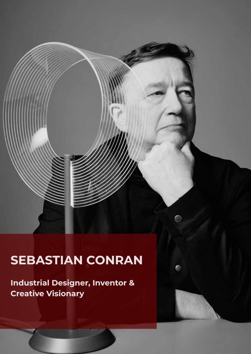 Sebastian Conran, industrial designer and inventor, photographed in black and white beside a fan of his design.