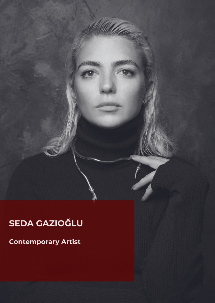 Seda Gazioğlu, contemporary artist, photographed in black and white against a textured backdrop.