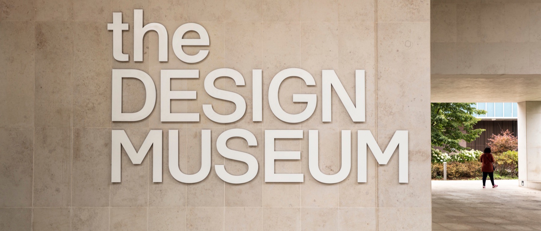 The Design Museum lettering on the limestone facade of the museum in Kensington, London.